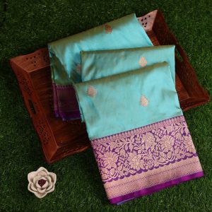 Teal Blue Banarasi Silk Saree with a Purple Border