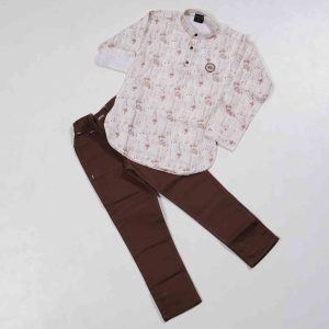 Kids Wear 2 Piece Printed Lenin Short Kurtha & Brown Cotton Pant