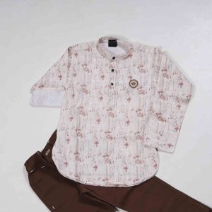 Kids Wear 2 Piece Set Printed Lenin Short Kurtha & Brown Cotton Pant
