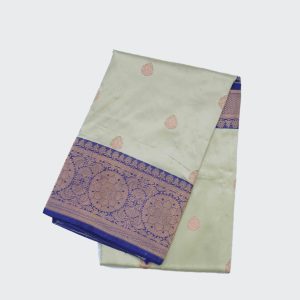 Ash Grey Banaras Pattu Saree with golden zari work and an Indigo coloured border