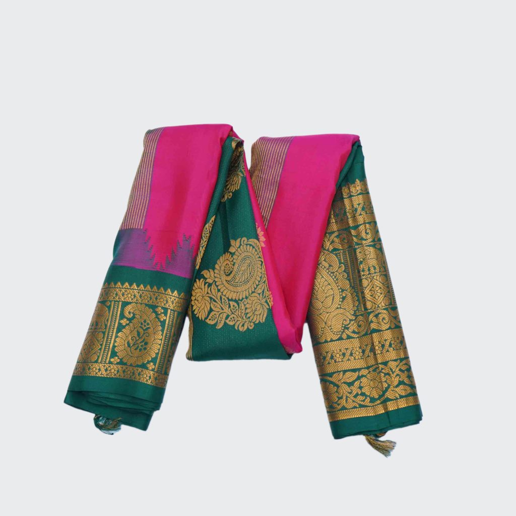 Barbie Pink Gadwal Pattu Saree weaved with Golden Zari Leaf Border in Bottle Green Contrast Pallu