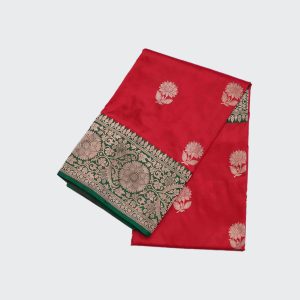 Brick Red Banaras Pattu Saree Highlighted with Contrast Rama Green Pallu & Golden Zari Floral Design