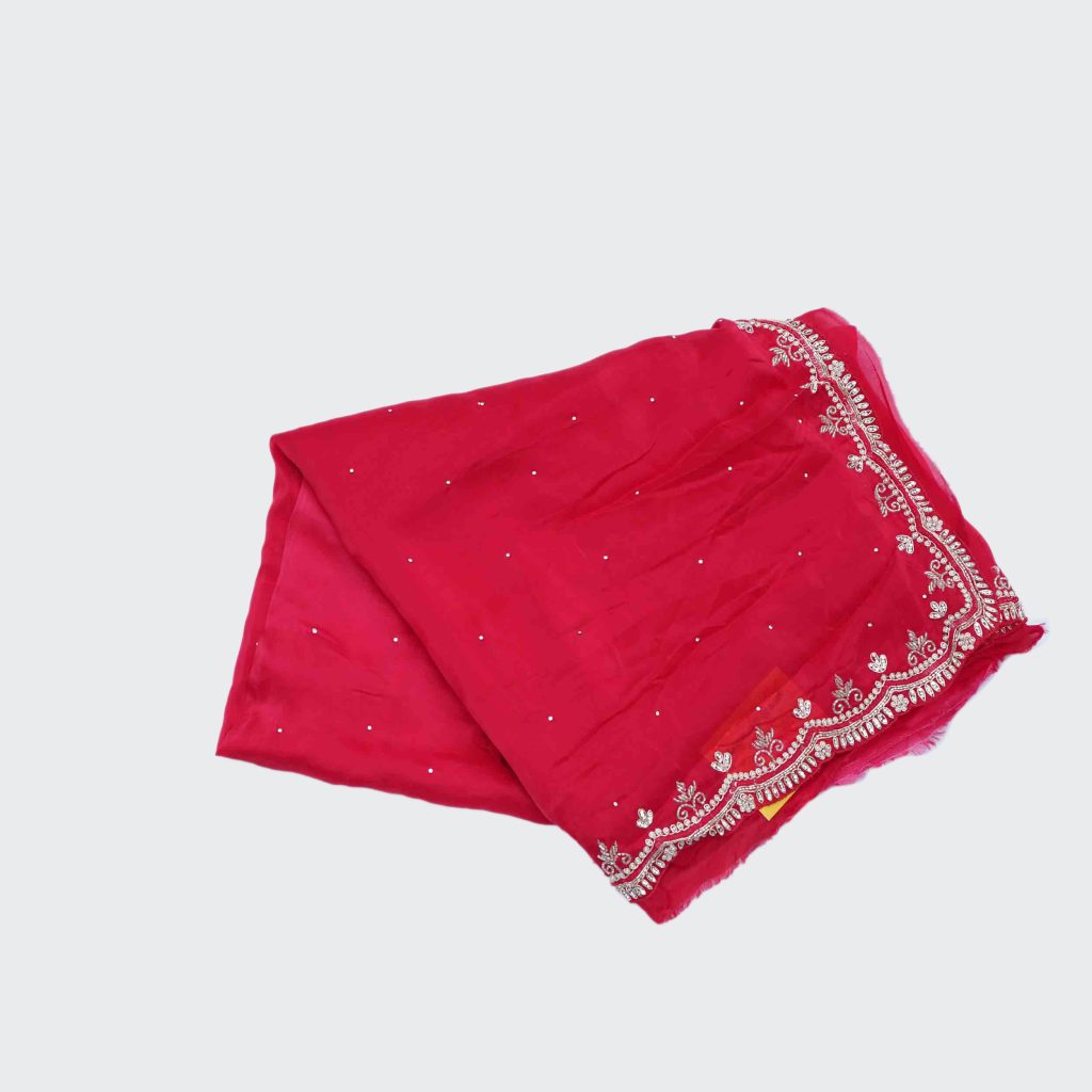 Carmine Magenta Fancy Work Saree Highlighted with Beautiful Silver Stone Work
