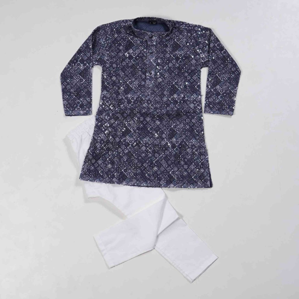 Kids Wear Deep Blue White Combo 2 Piece Set Kurtha Pyjama with Embroidery Work & White Cotton Pant