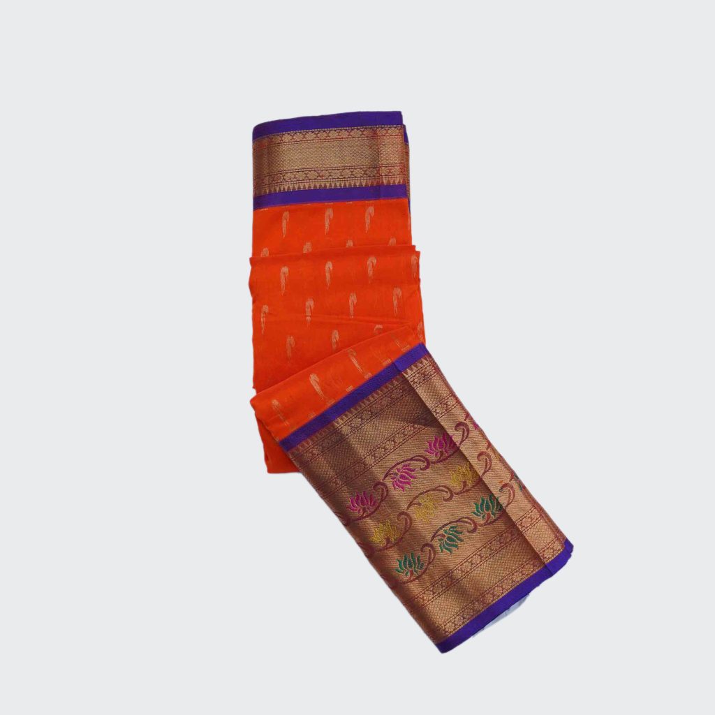 Gate Bridge Orange Kuppadam Pattu Saree highlighted with Beautiful Golden Zari Long Border