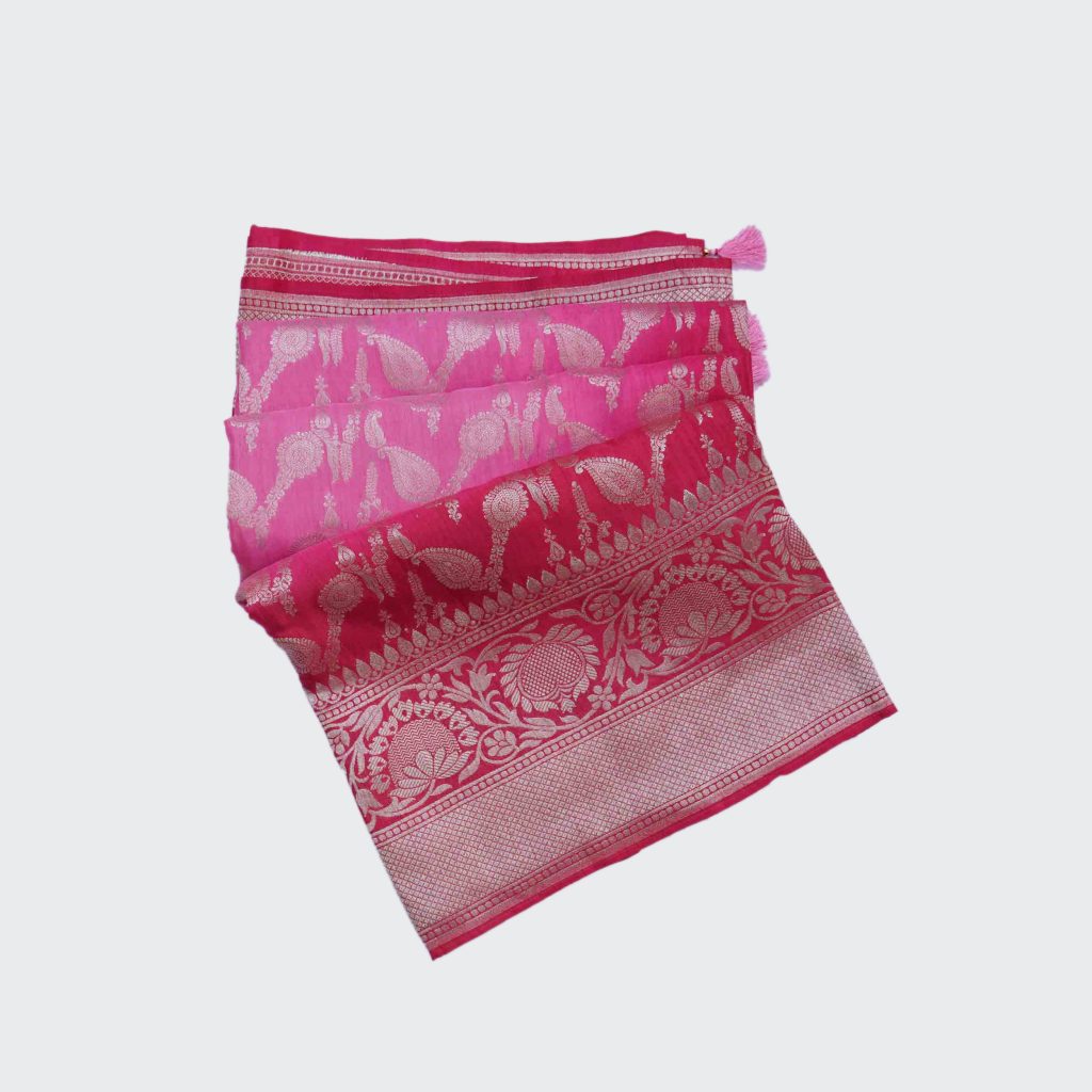 Hot Pink Banaras Fancy Saree highlighted with Silver Zari Floral & Leaf Border Design