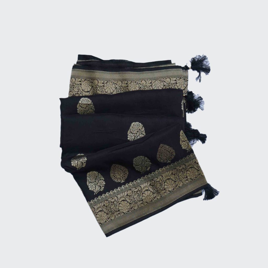 Jet Black Banaras Fancy Saree Highlighted with the Beautiful Golden Zari Flower & Leaf Design