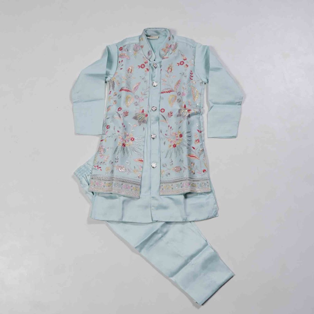 Kids Wear Jordy Blue with Floral Print Combination 3 Piece Set Indo-Western Ethnic Wear