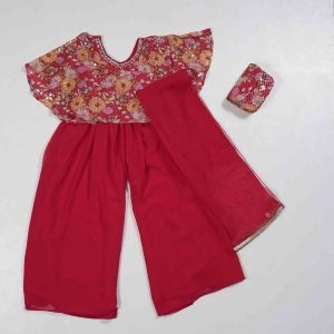 Girls Wear Cherry Red & Floral Design Combo Sherara with Plazzo