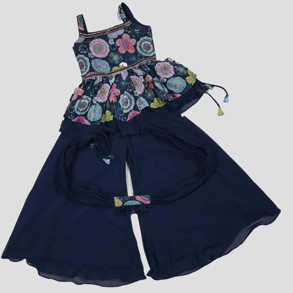 Girls Wear Beautiful Floral Design with Blue Combo Sherara (1)