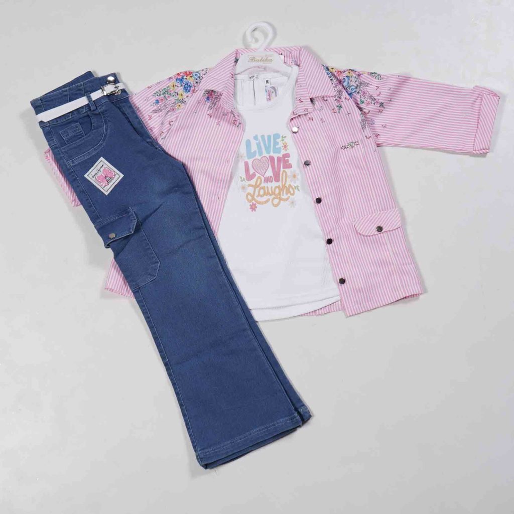 Girls Wear Western 3 Pc Set Denim Pant & Top