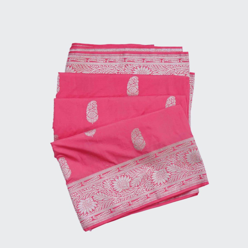 Light Pink Banaras Fancy Saree highlighted with a Beautiful Silver Zari Floral Design