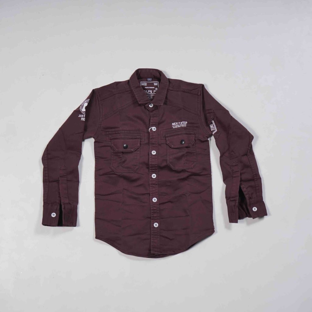 Kids Wear Magenta Pink Double Pocket Denim Shirt highlighted with White Labels