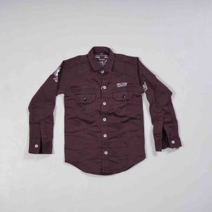 Kids Wear Magenta Pink Double Pocket Denim Shirt highlighted with White Labels