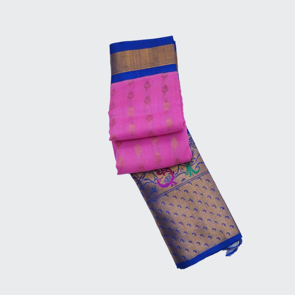 Magenta Pink Kuppadam Pattu Saree highlighted with Navy Blue Pallu and Golden Zari Work
