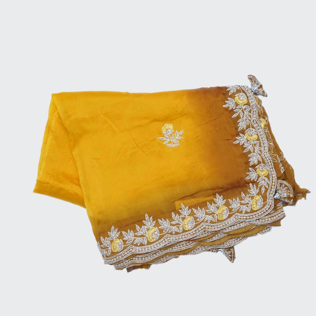 Marigold Fancy Work Saree Highlighted with Beautiful Embroidery Stone Work Pallu