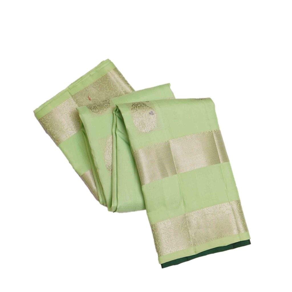 Mint Green Kanchipuram Silver Zari Silk Saree with a Beautiful Silver Zari Gap Border