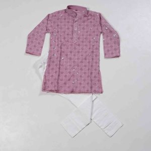Kids Wear Onion Pink 2 Piece Set Kurtha Pyjama with Embroidery Work & White Cotton Pant