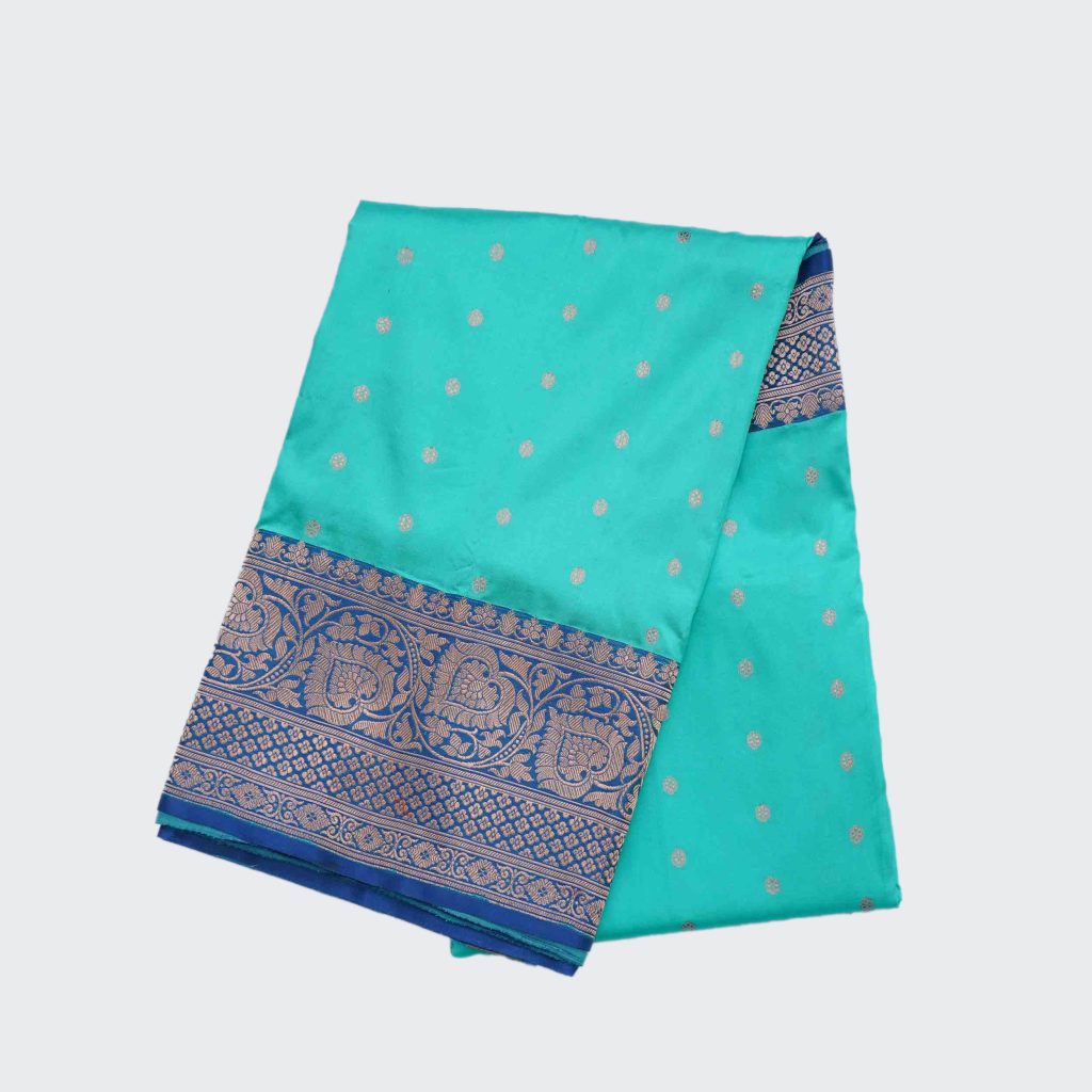 Sky Blue Banaras Pattu Saree highlighted with Golden Zari Floral Design in Resolution Blue Contrast Pallu