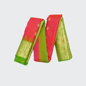 Strawberry Red Gadwal Pattu Saree with a Beautiful Apple Green Contrast Pallu