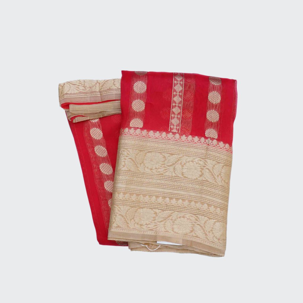 Brick Red Organza Golden Peach Border Pattu Saree (1)