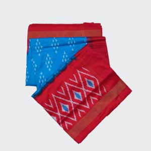 Cherry Red & Sky Blue Pochampally Silk Saree (1)