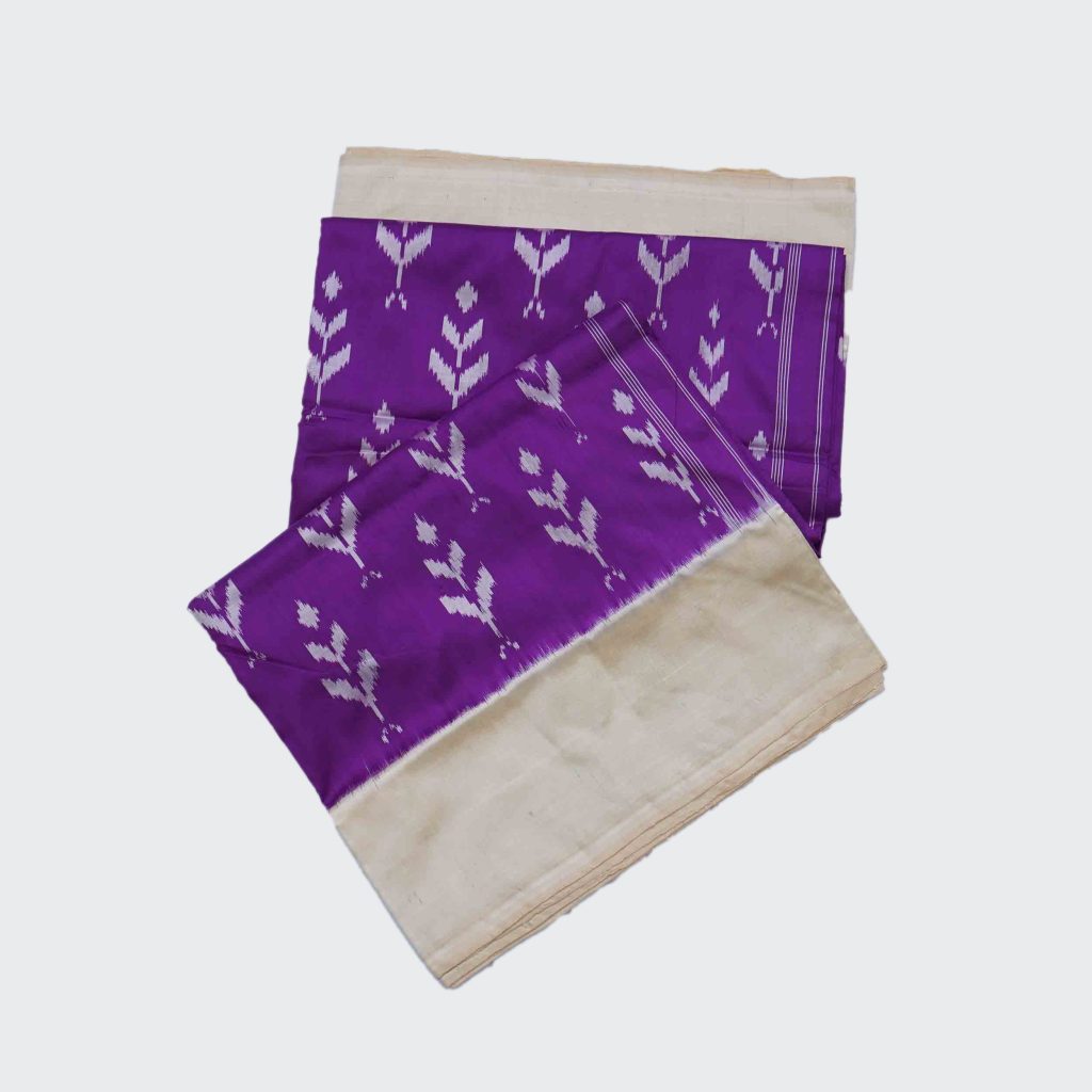 Cream White & Violet Pochampally Silk Saree (1)