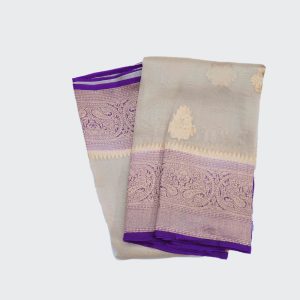 Dove Grey Organza Golden & Purple Border Pattu Saree (1)