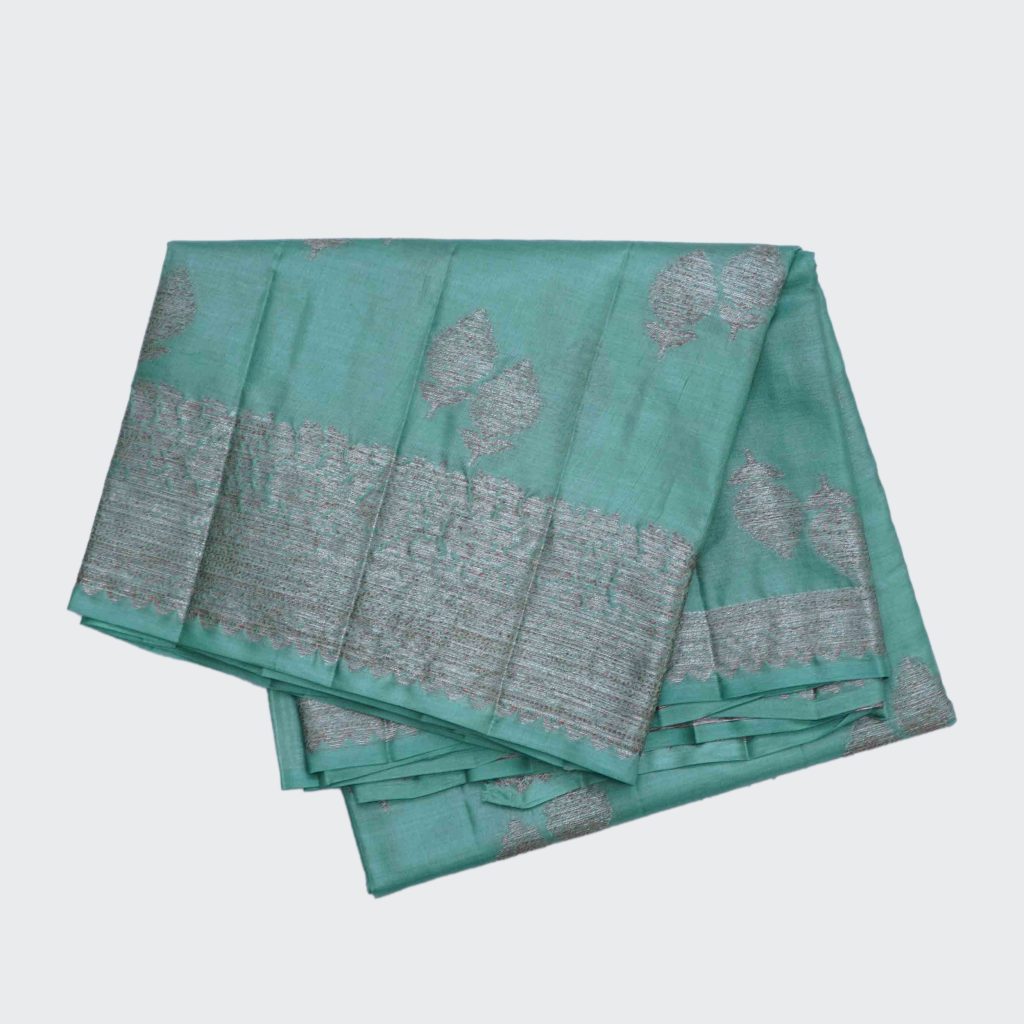 Sea Blue Tussar Silver Zari Design Border Silk Saree
