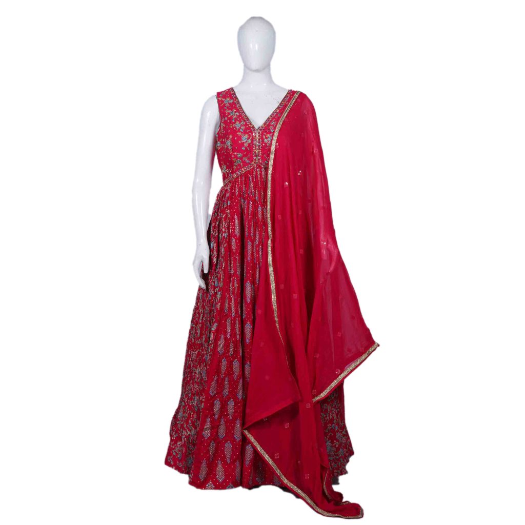 Women's Bridal Wear Cherry Red Long Frock (1)
