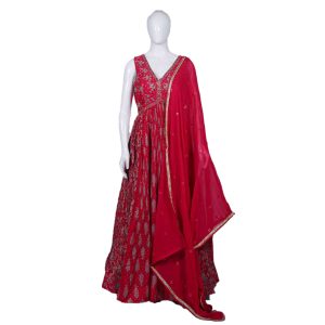 Women's Bridal Wear Cherry Red Long Frock (1)