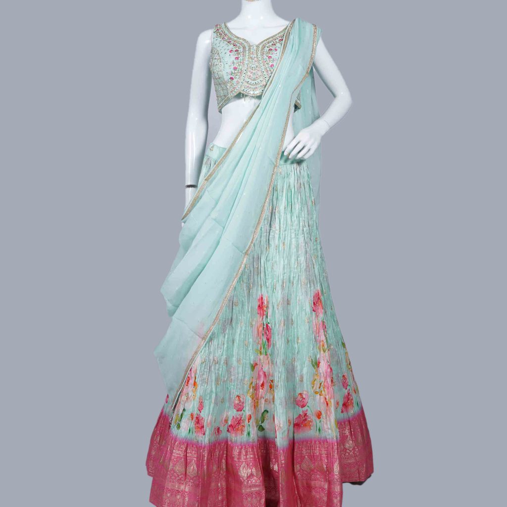 Women's Bridal Wear Ice Blue Floral Crop-Top (1)