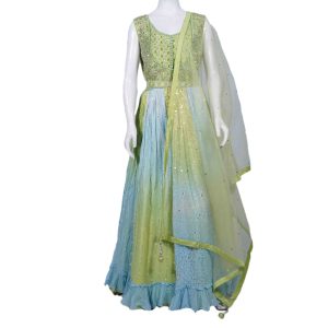 Women's Bridal Wear Parrot Green & Sky Blue Long Frock (1)
