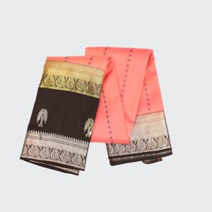 Melon pink Kanchipuram gap border saree showing delicate rose-pink silk body with contrasting crisp gap borders and detailed handloom texture