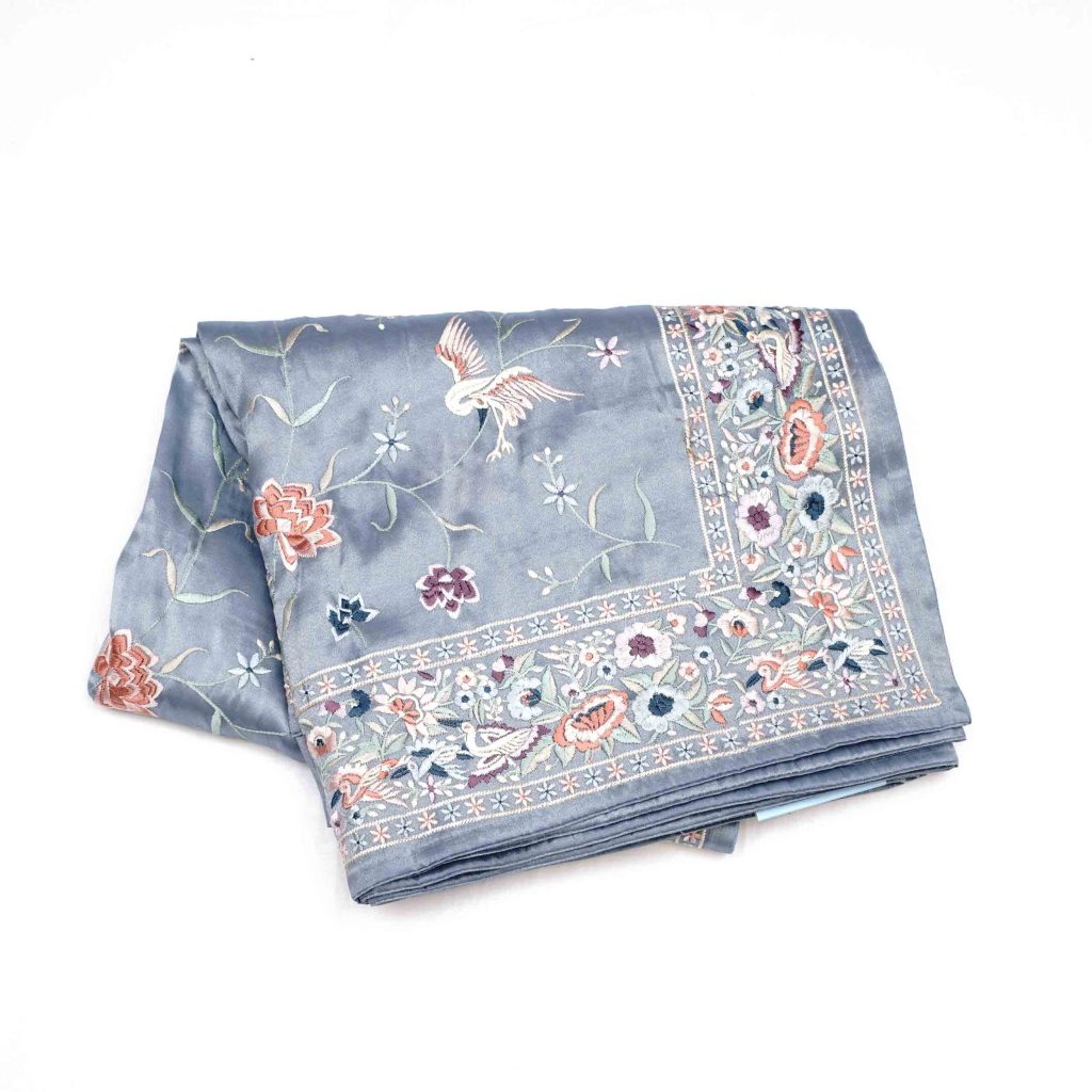 Beautiful powder blue designer fancy saree with soft pastel tones and elegant design details perfect for special occasions