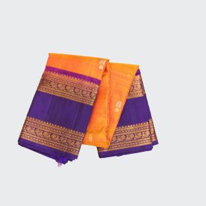 Pumpkin orange Kanchipuram gap border saree showcasing vibrant orange silk body with contrasting crisp border and visible handloom weave details