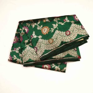 Rama green Banaras pattu saree displaying intricate zari floral motifs on rich silk base and lustrous drape highlighting handwoven texture