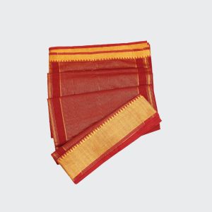 Ruby red pure handloom saree with intricate dobby weave patterns in a cotton-silk blend showcasing vibrant hue and fine handwoven texture