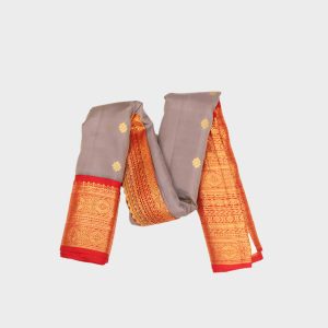 Beautiful silver gray colored Gadwal pattu saree with authentic silk texture and traditional handloom design for special occasions