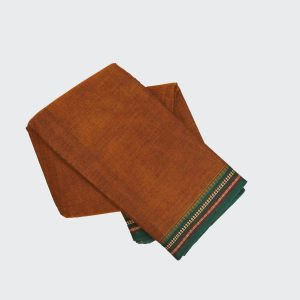 Pure handwoven saree in terracotta brown with subtle dobby patterns and gentle cotton-silk sheen for casual to festive styling
