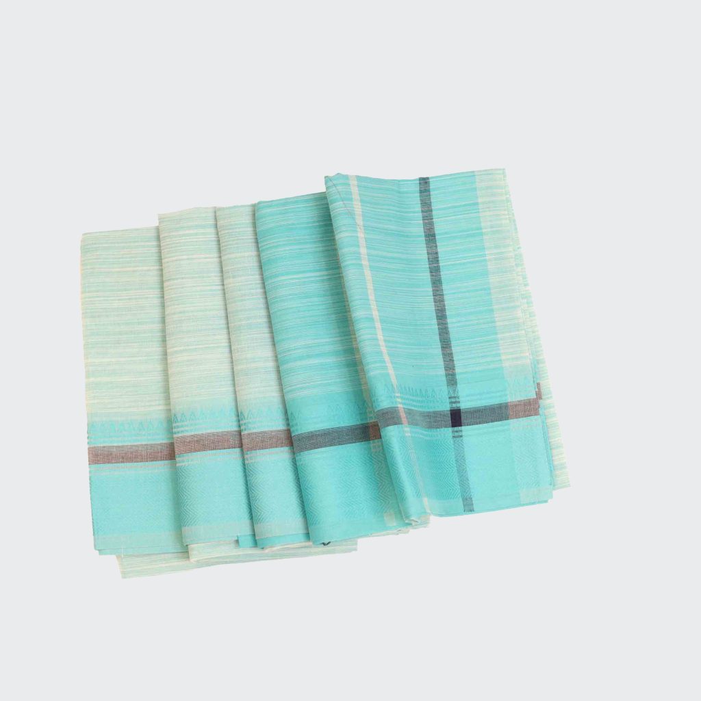 Pure handwoven saree in turquoise blue with subtle woven check patterns and gentle cotton-silk sheen ideal for casual and festive wear