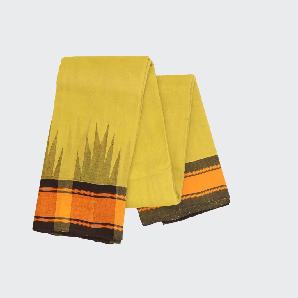 Warm mustard yellow handloom saree with fine jacquard motifs and soft cotton silk weave showcasing artisanal craftsmanship and elegant drape