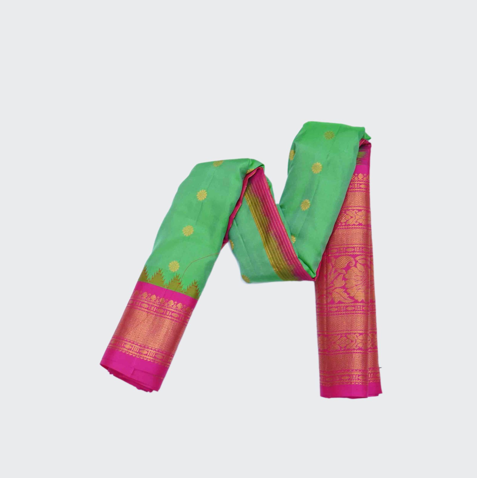 Apple-Green-Gadwal-Pattu-Saree-1-1-e1739558972302.jpg Apple Green Gadwal Silk with Pink Border - Image 1