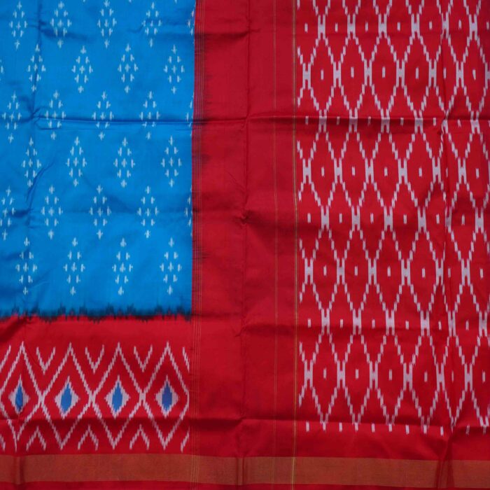Cherry Red & Sky Blue Pochampally Saree - Image 2
