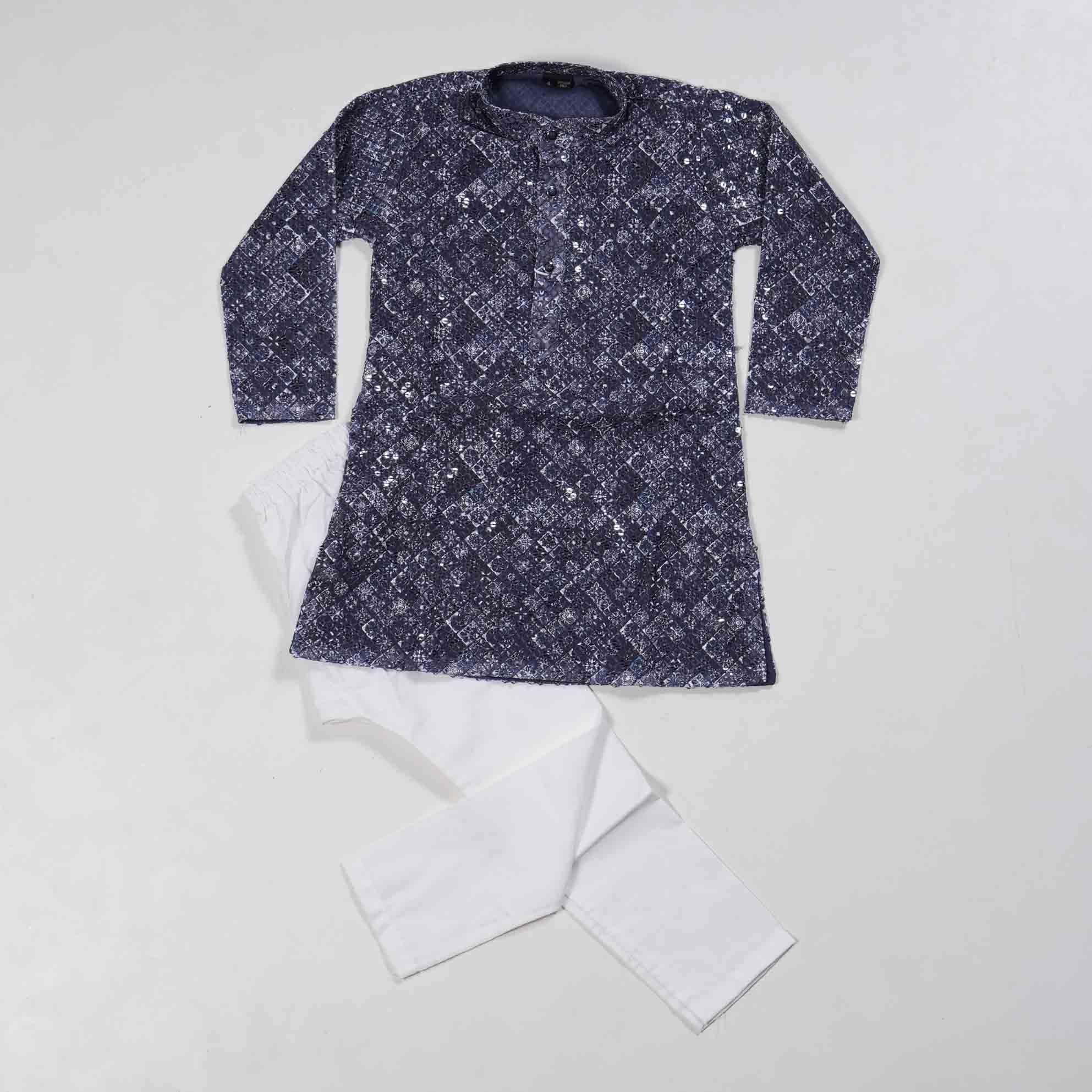 Deep-Blue-White-Combo-2-Pc-Set-Kutha-Pyjama.jpg Deep Blue & White Kids Kurta Pyjama Set - Image 1