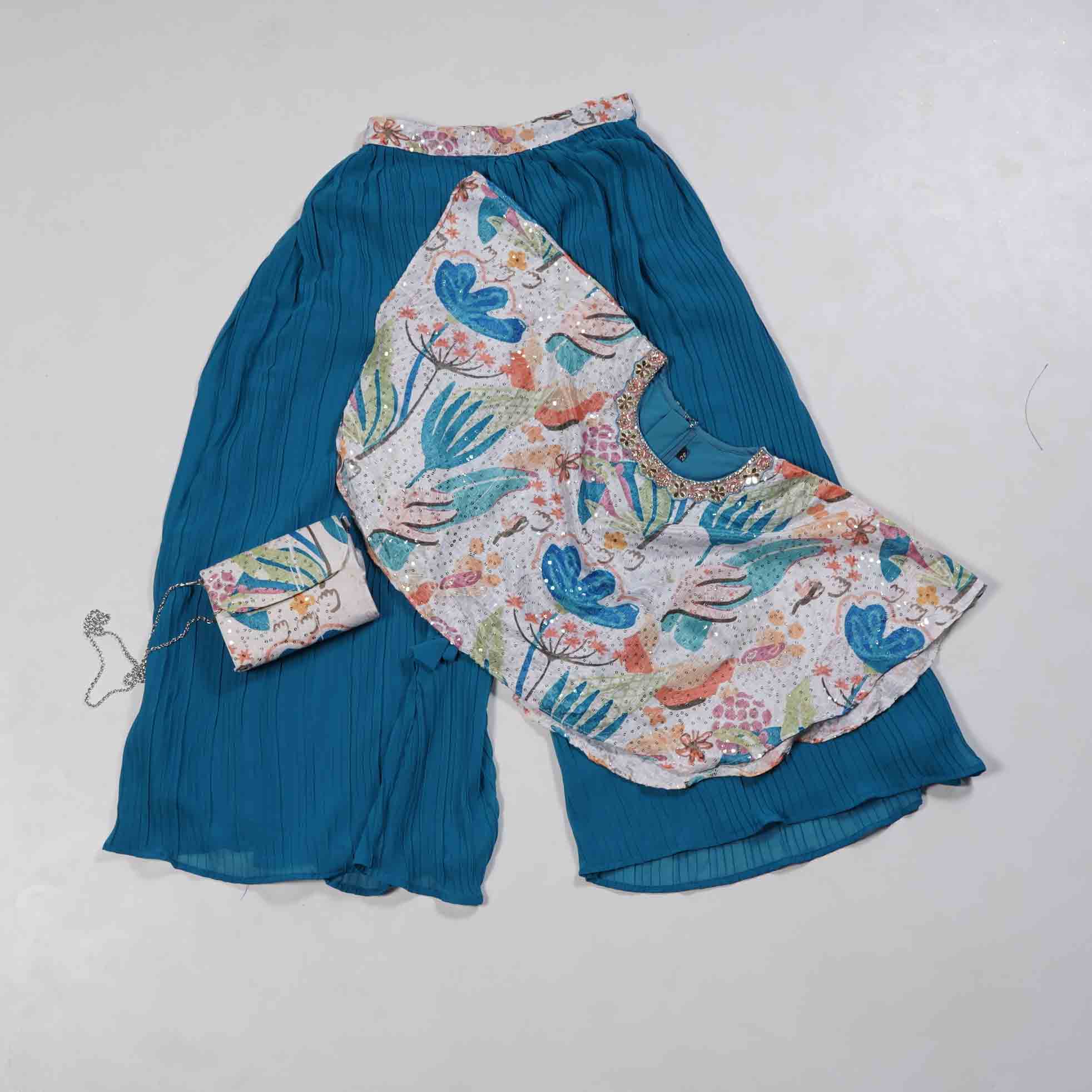 Kids-Wear-Deep-Blue-Floral-Combo-Sherara.jpg Deep Blue Sherara for Girls - Image 1