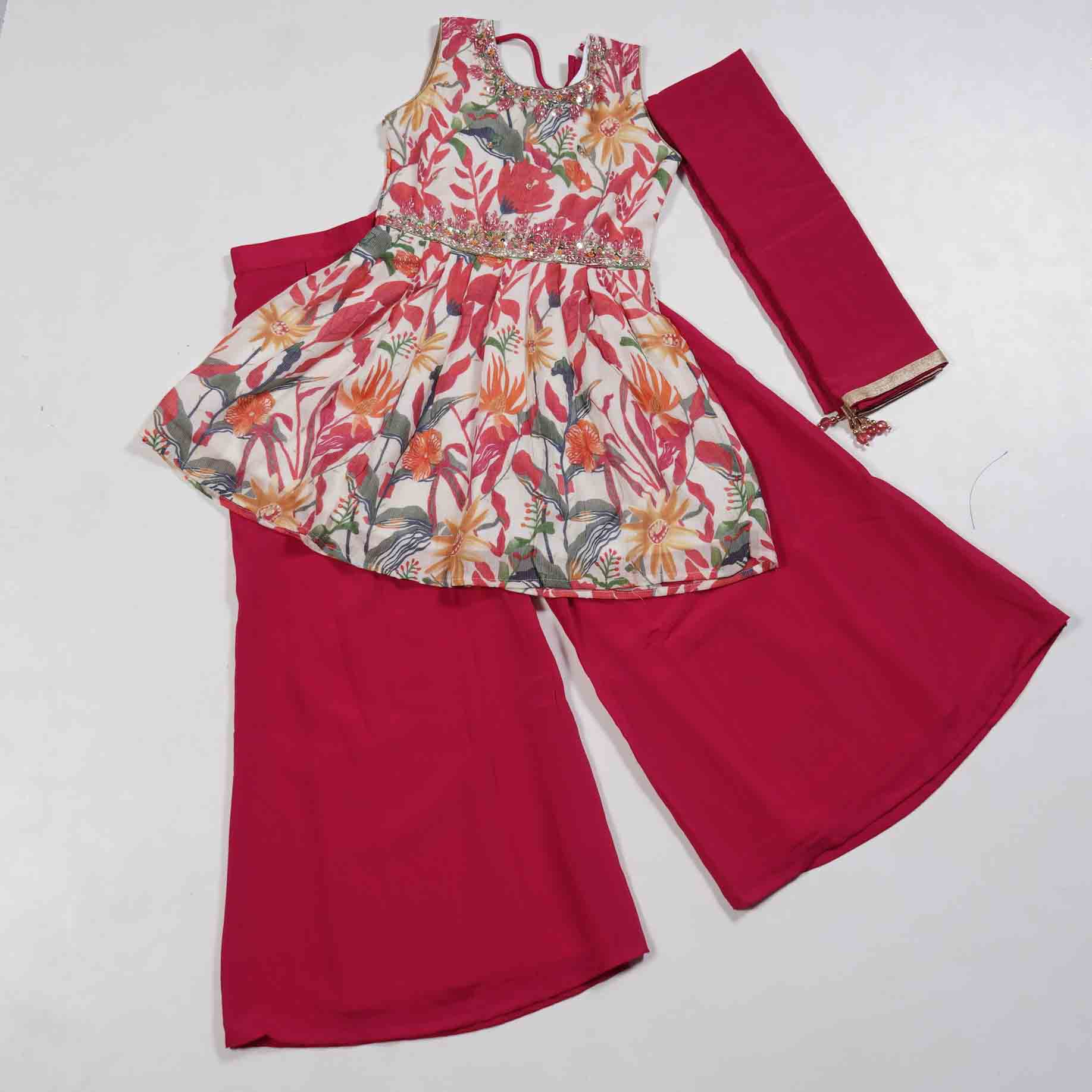 Kids-Wear-Floral-Top-Plazzo-Pant-Sherara-Dress-1.jpg Cherry Red Sherara Palazzo Set - Image 1