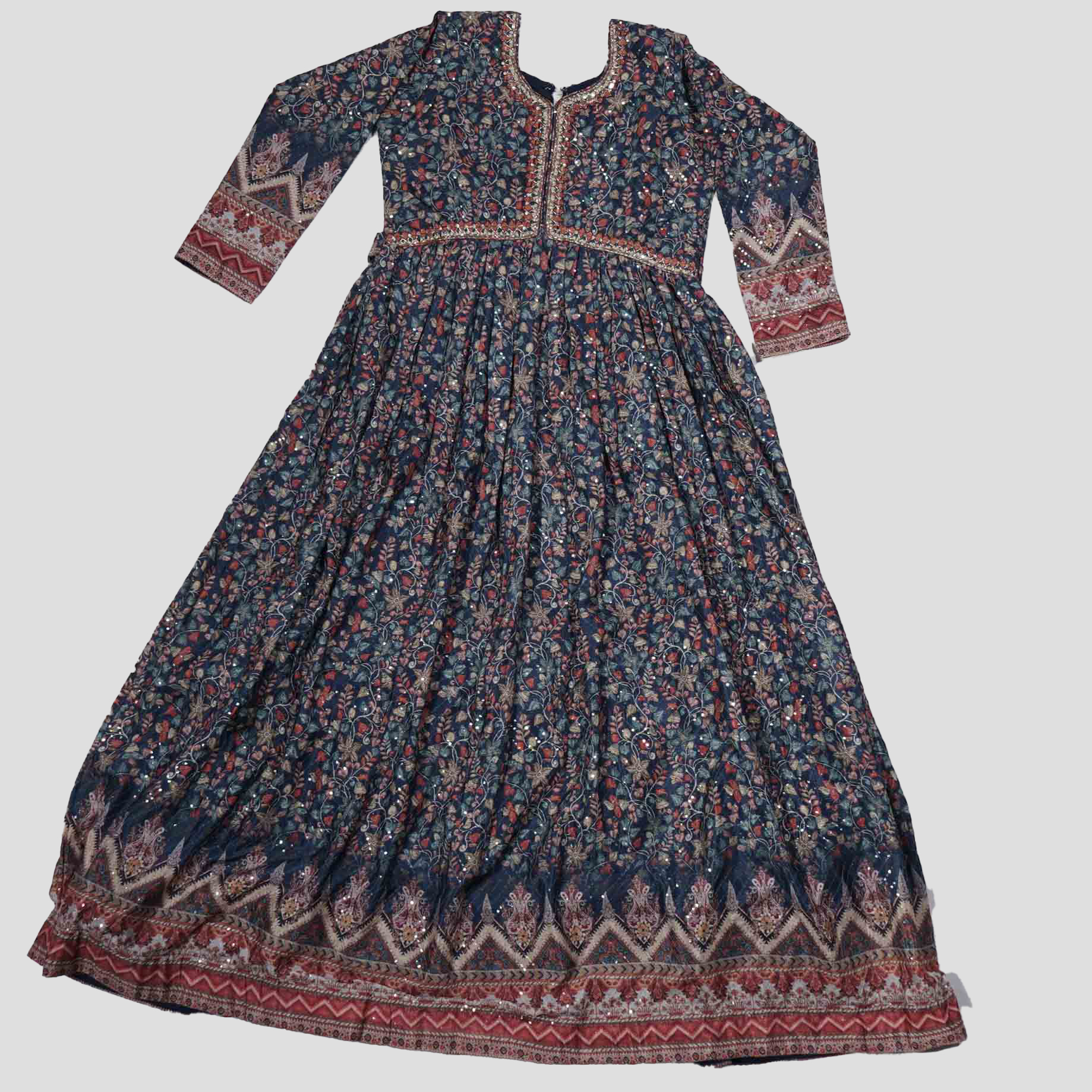 Kids-Wear-Kalankari-Floral-Design-Alia-Cut-Long-Frock-1.jpg Kalamkari Long Frock for Girls - Image 1