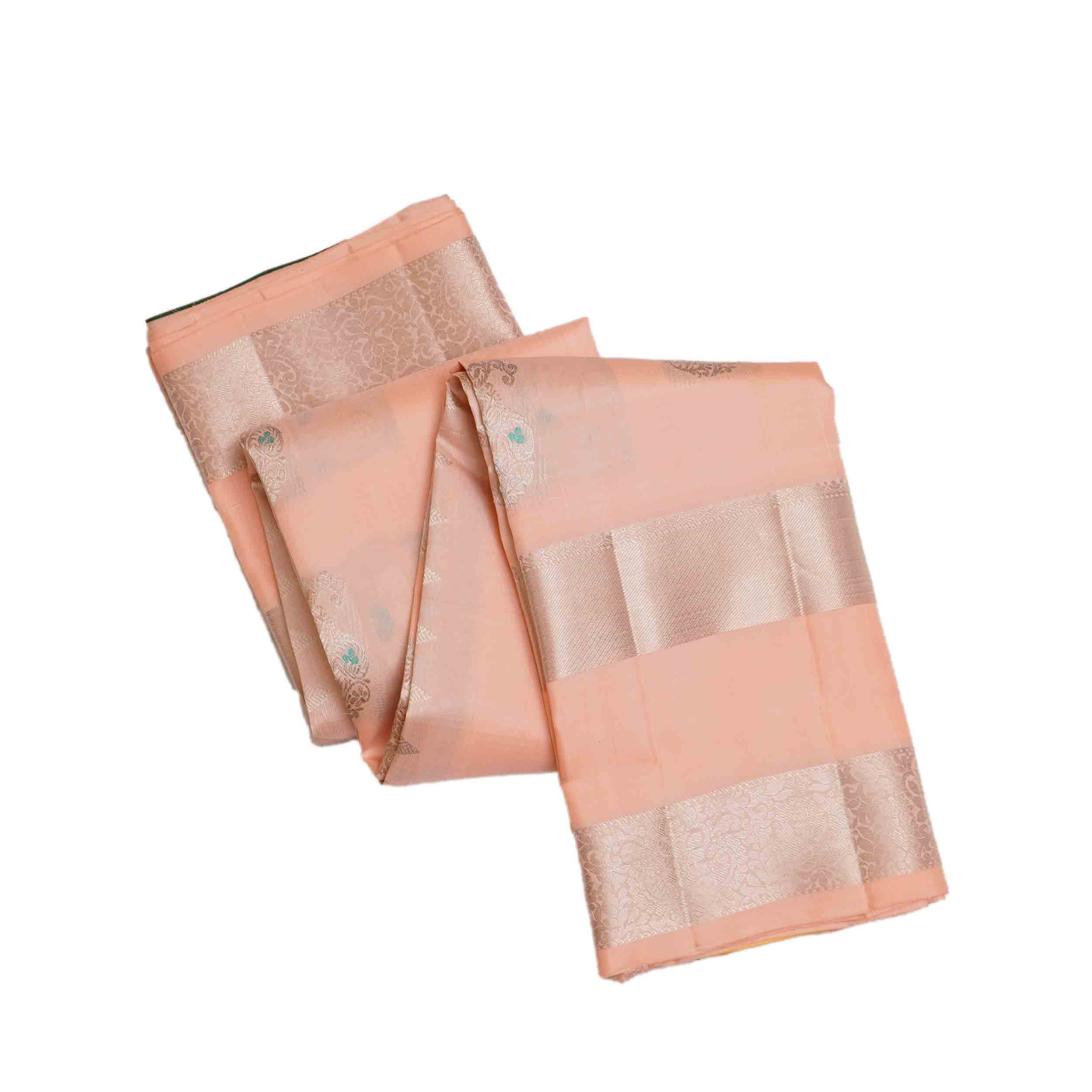 Light-Peach-Kanchipuram-Silver-Zari-Silk-Saree.jpg Light Peach Kanchipuram Silver Zari Saree - Image 1