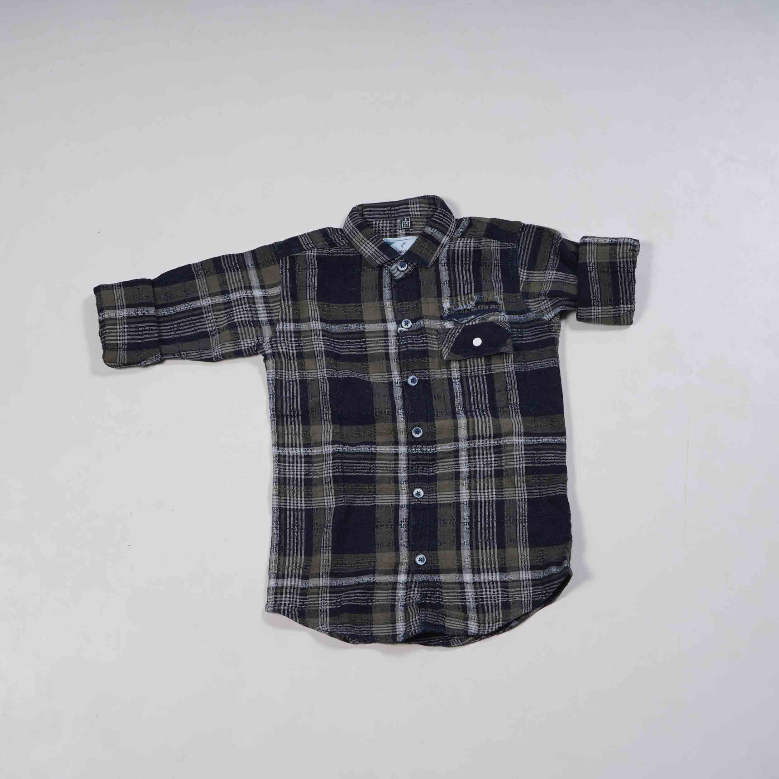 Olive-Green-Dark-Blue-Casual-Checks-Shirt.jpg Olive & Dark Blue Kids Casual Check Shirt - Image 1